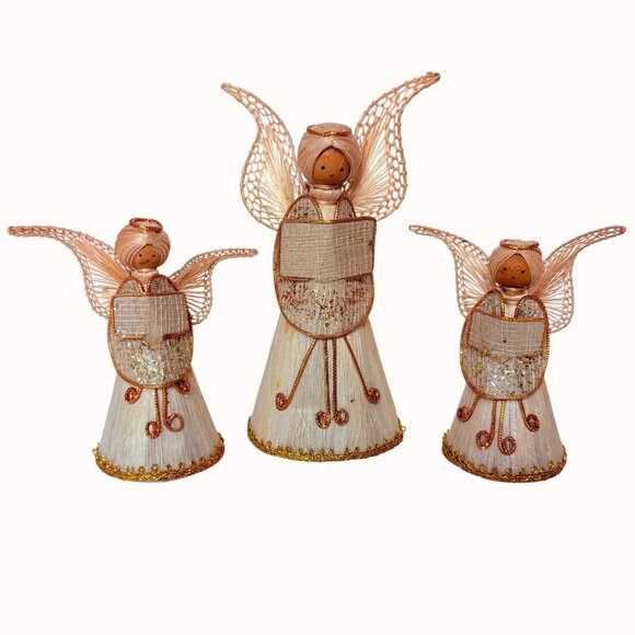 Folk Art Straw Angel Choir Figurines Set Vintage Raffia Christmas Angels Decor - Picture 11 of 11